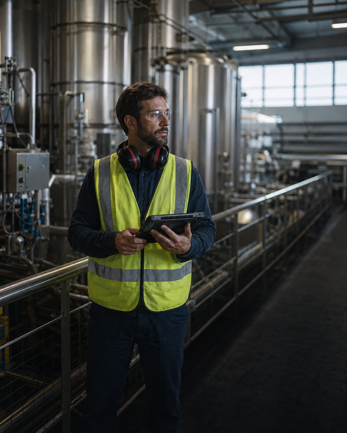 Technician using a tablet in a modern production environment