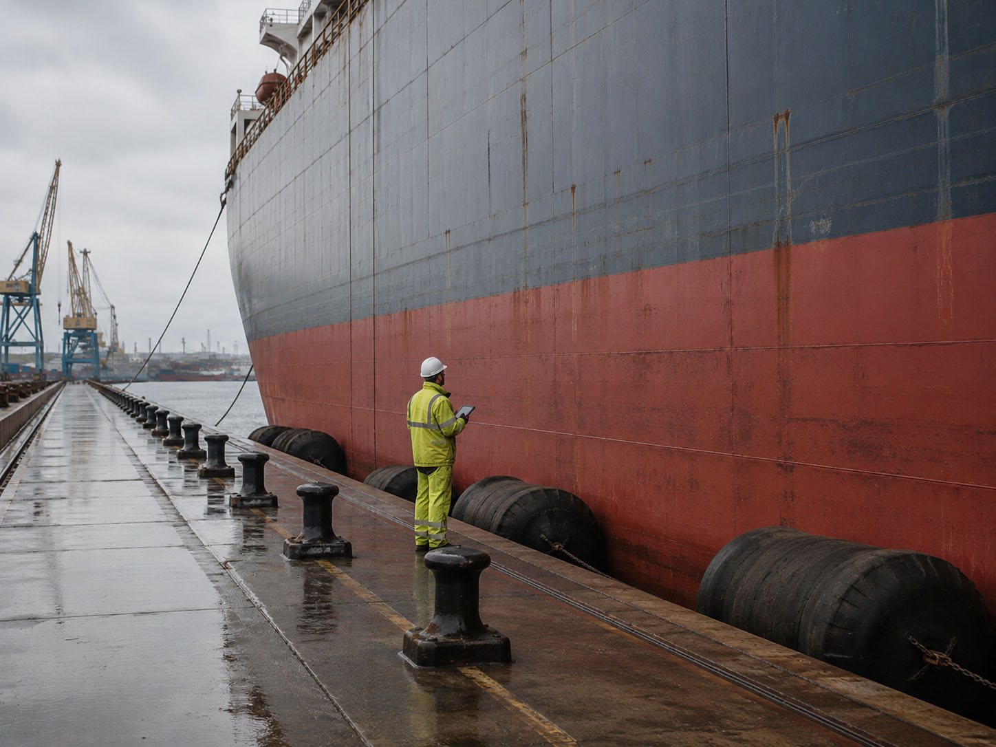 Marine surveyor on the quayside beside the hull of a moored cargo vessel