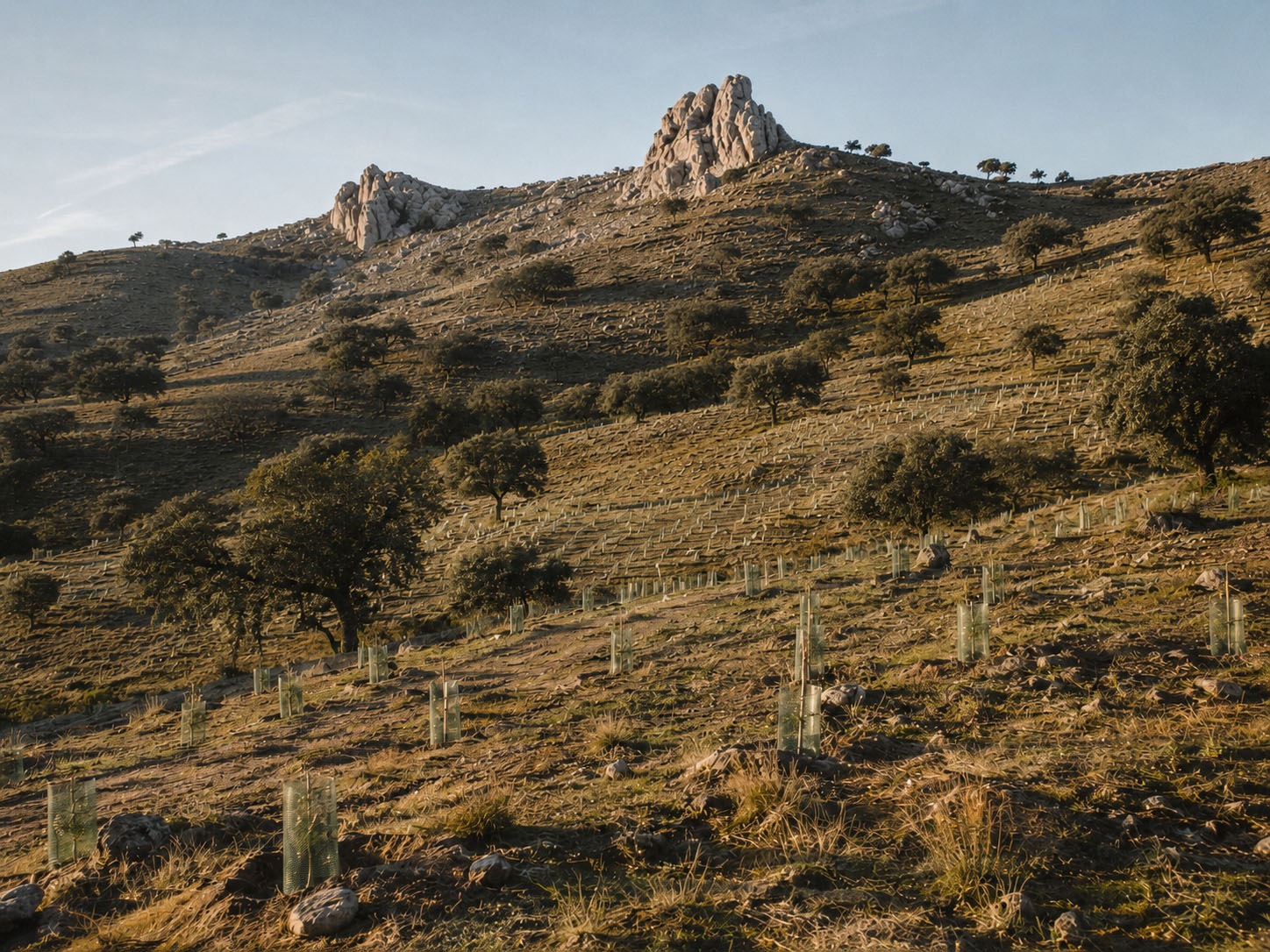Dehesa hillside under restoration, with rows of young tree shelters following the contour
