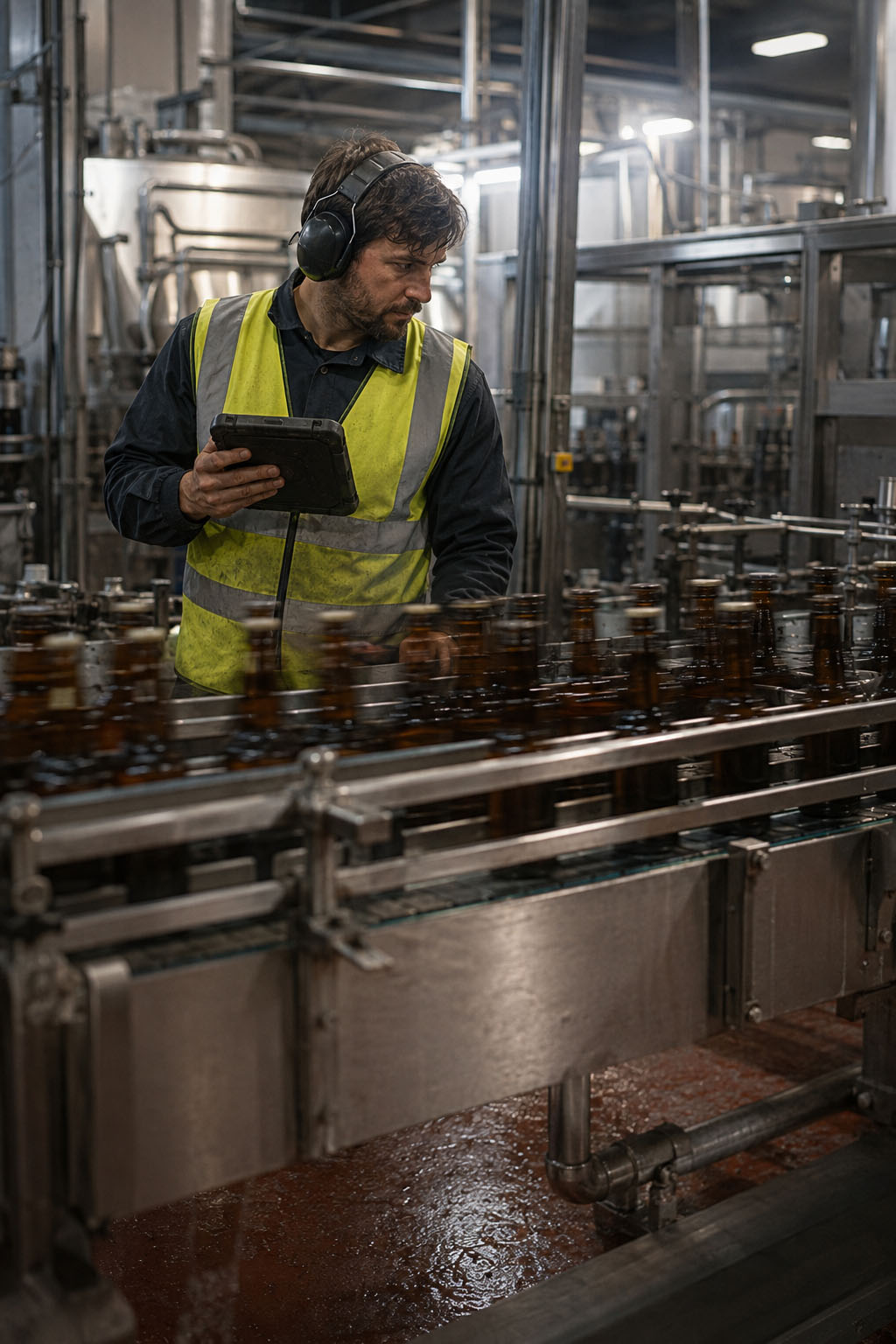 Production operator checking a bottling line on a rugged tablet