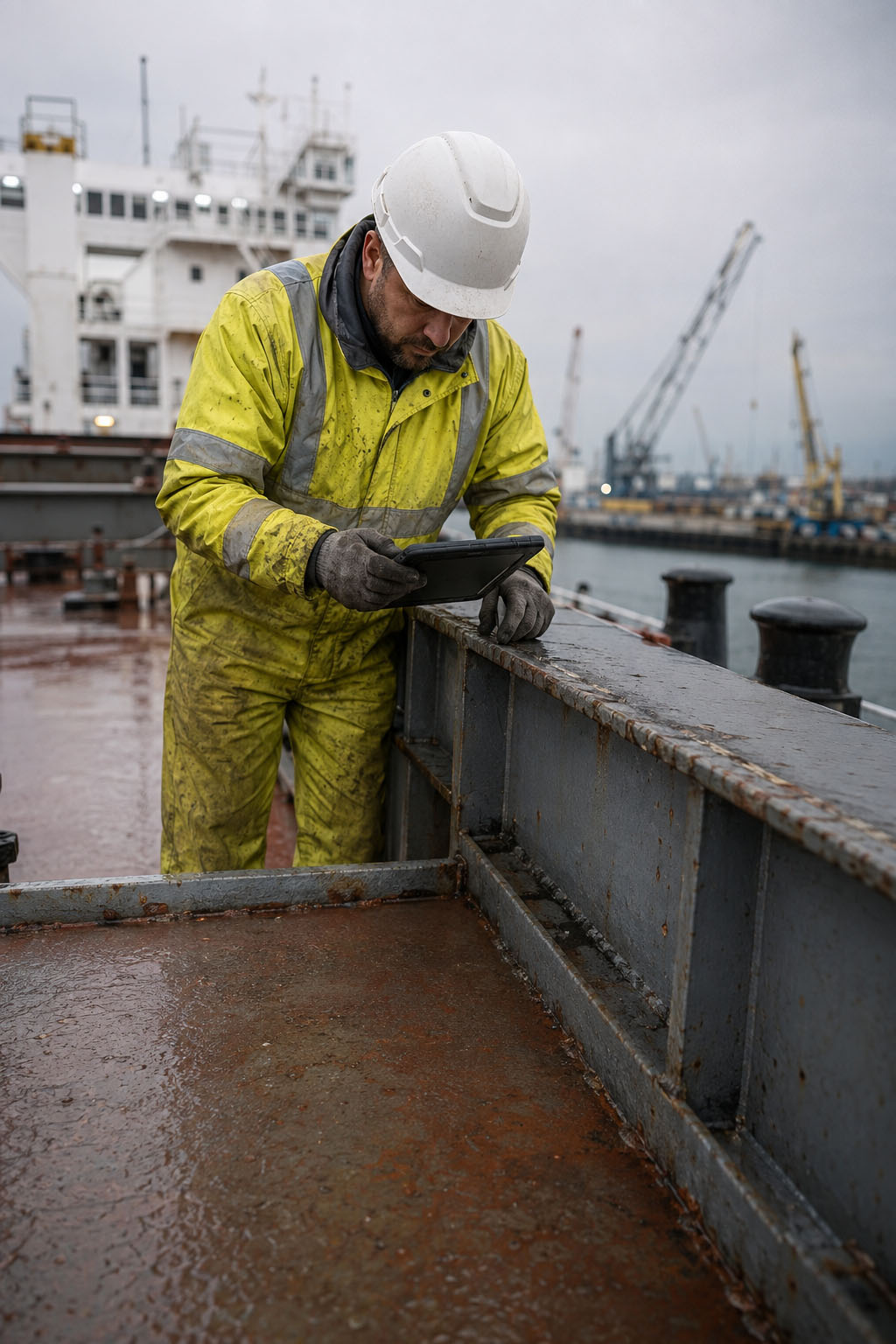 Marine surveyor inspecting steelwork on deck with a rugged tablet