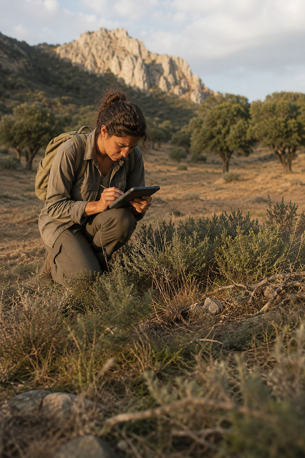 Field ecologist recording observations on a tablet in a Mediterranean dehesa